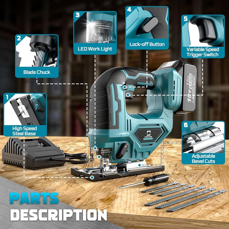 Cerycose Jigsaw Compatible With Makita 18V Battery, Cordless jig saw tool, 0°- 45° Bevel Cuts, LED Light with 3 Position Orbital Setting for Cutting (With 5Ah Battery & Charger Station Kit) - Image 3